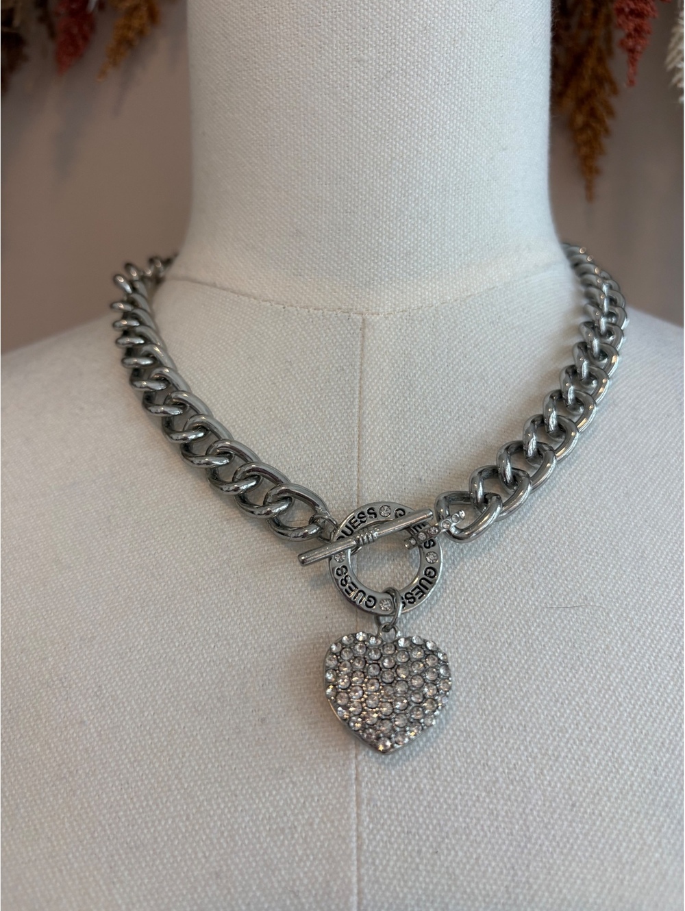 Guess Silver Tone Chain Necklace with Crystal Heart Pendant and Toggle Clasp